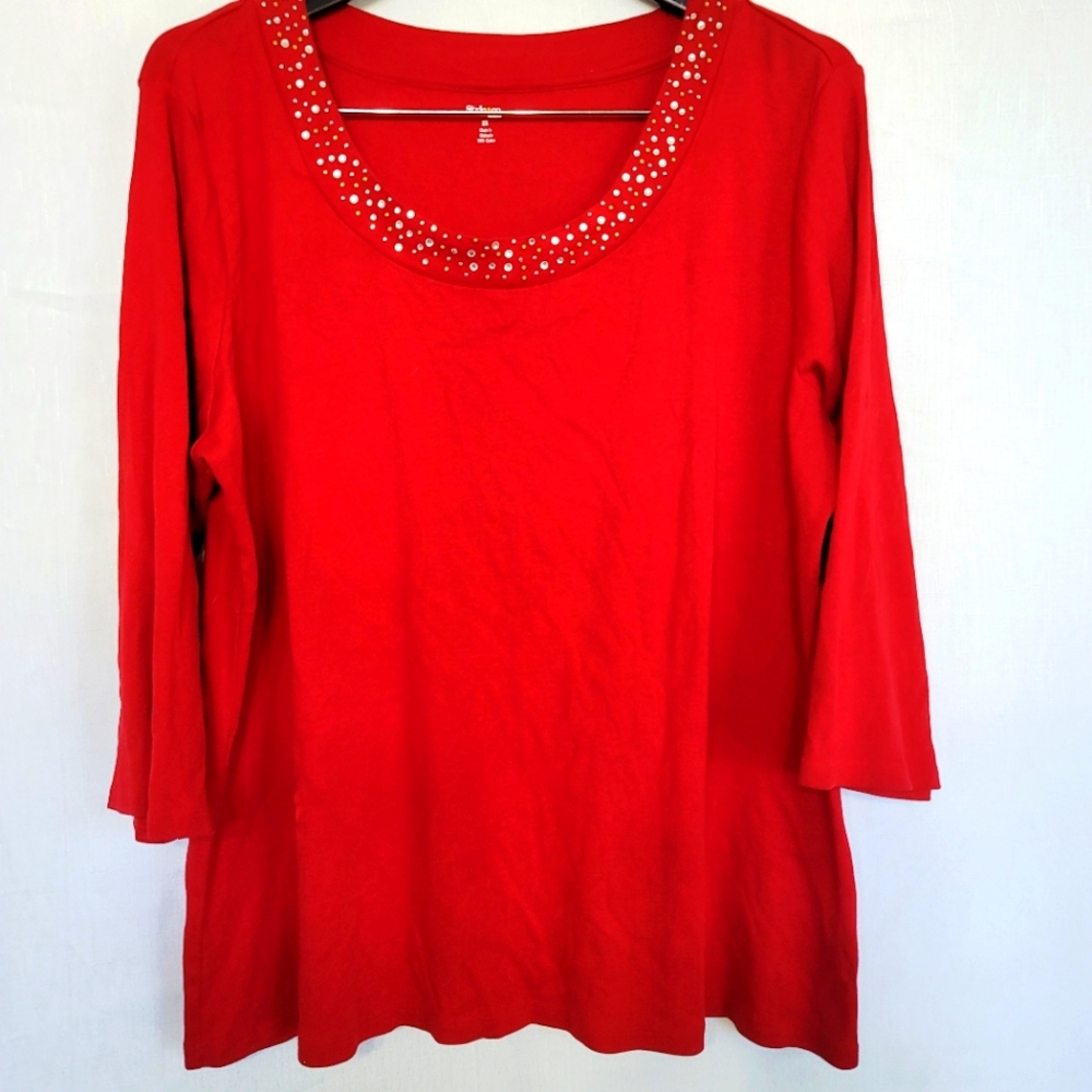 Style & Co 2X Beaded Red Scoop Neck Half Sleeve Top 2XL